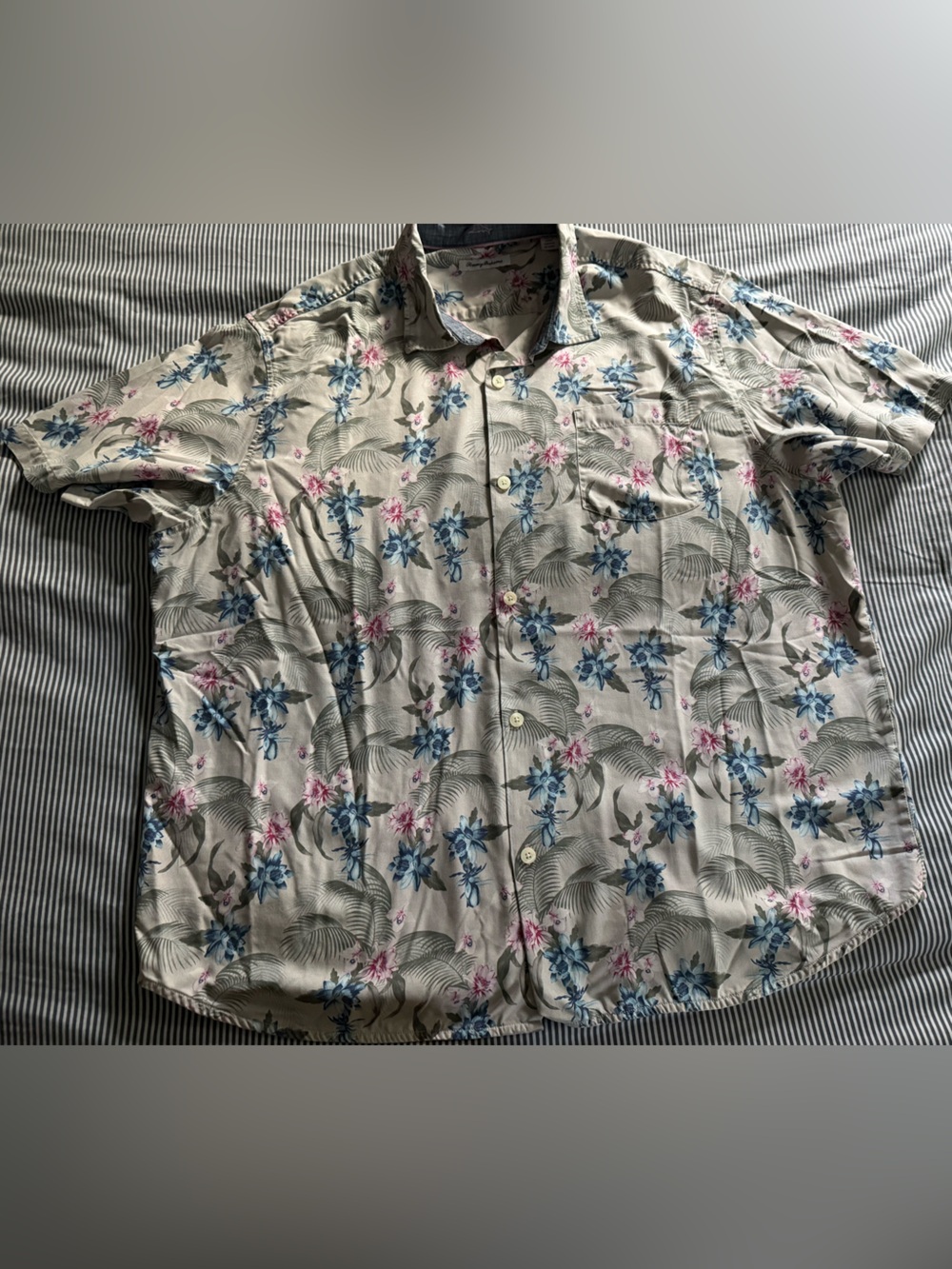 Tommy Bahama Cream Floral Short-Sleeve Button-Down with Blue & Pink Flowers